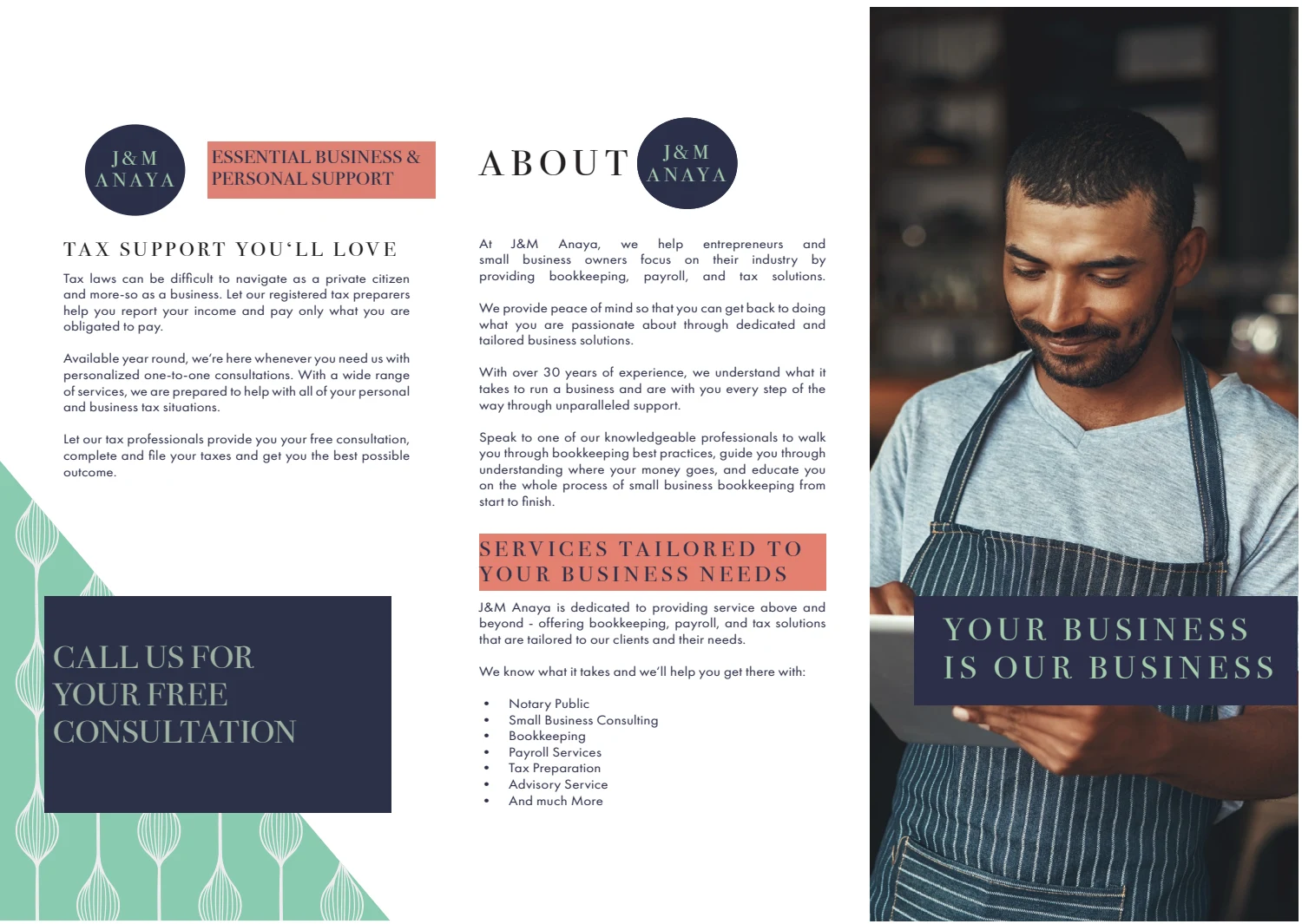 J&M Anaya brochure interior, using distinct headings and geometric sections to organize tax, bookkeeping, and payroll services. Identity, layout, and copy by DeAnthony Herbert.