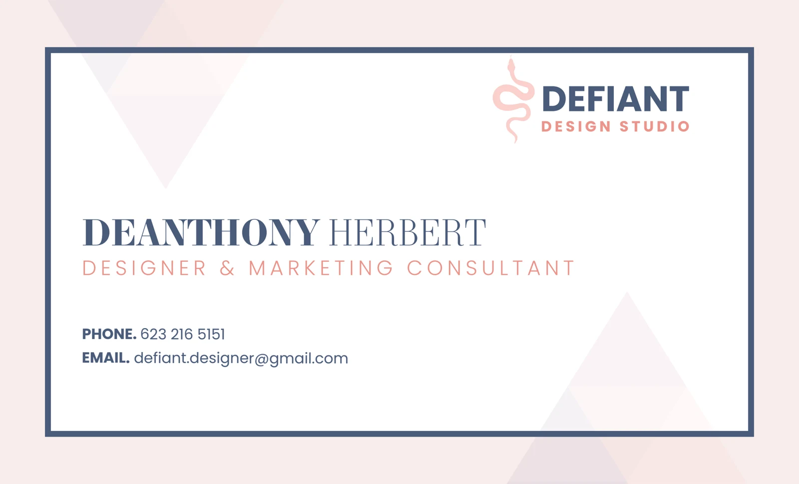 Reverse of the Defiant studio business card, continuing the geometric composition and complementary colors. Any contact information in this original artwork is historical; use the current email link on this site.