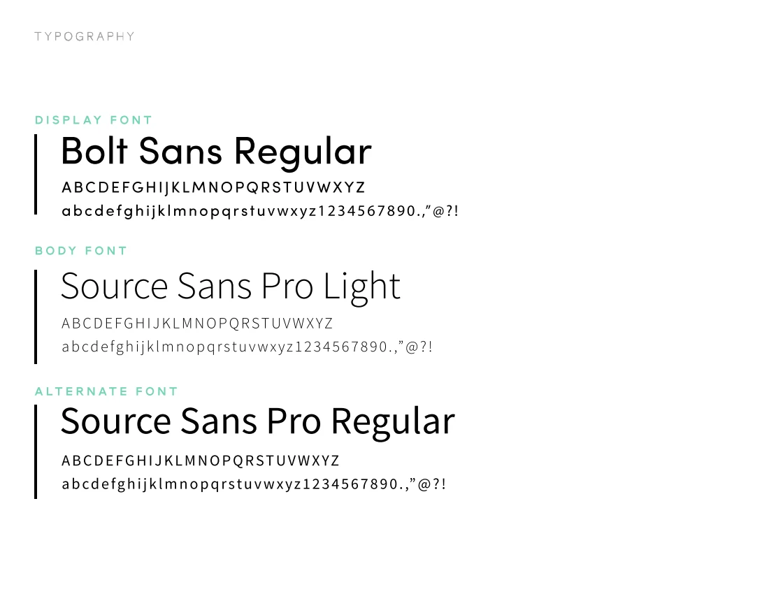 Sunlit Direct typography guidelines. Bolt Sans Regular is the display typeface; Source Sans Pro Light and Regular provide the supporting text hierarchy.