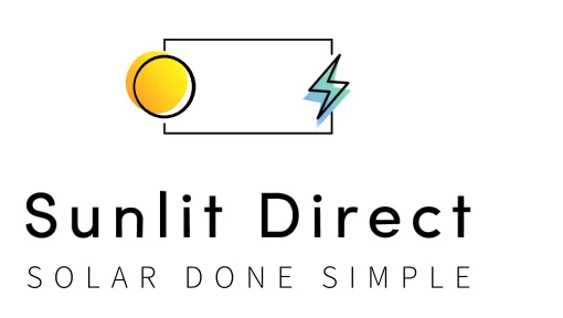 Sunlit Direct vertical logo: a yellow sun and teal lightning bolt interrupt a thin rectangular solar-panel outline above the name and the tagline Solar Done Simple.