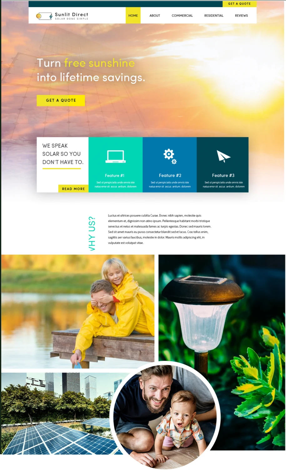 Sunlit Direct website concept with a sunlight-filled hero, Turn free sunshine into lifetime savings headline, yellow Get a Quote buttons, teal feature panels, and family and solar imagery. Original placeholder text remains in this wireframe.